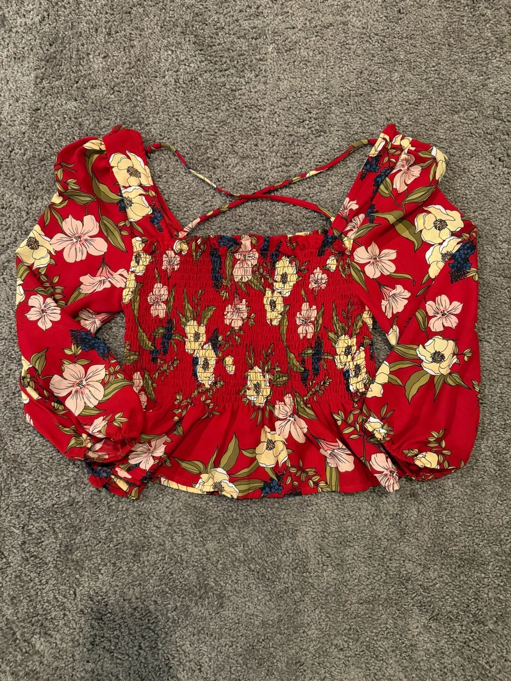 Heart Hips Red Floral Smocked Puff-Sleeve Crop Top